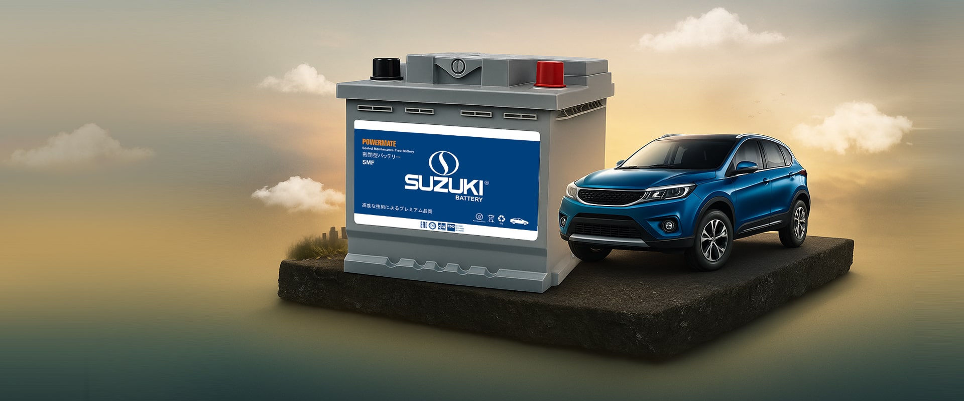 Large Suzuki Powermate battery displayed next to a blue SUV on a floating platform