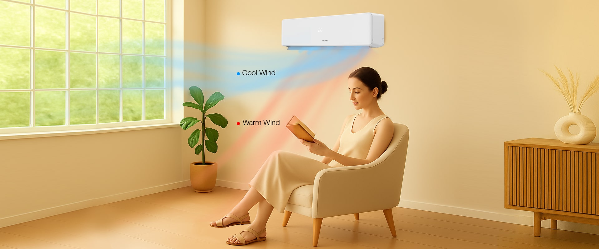 Woman sitting in an armchair reading a book as a wall-mounted air conditioner displays cool blue and warm red airflow streams