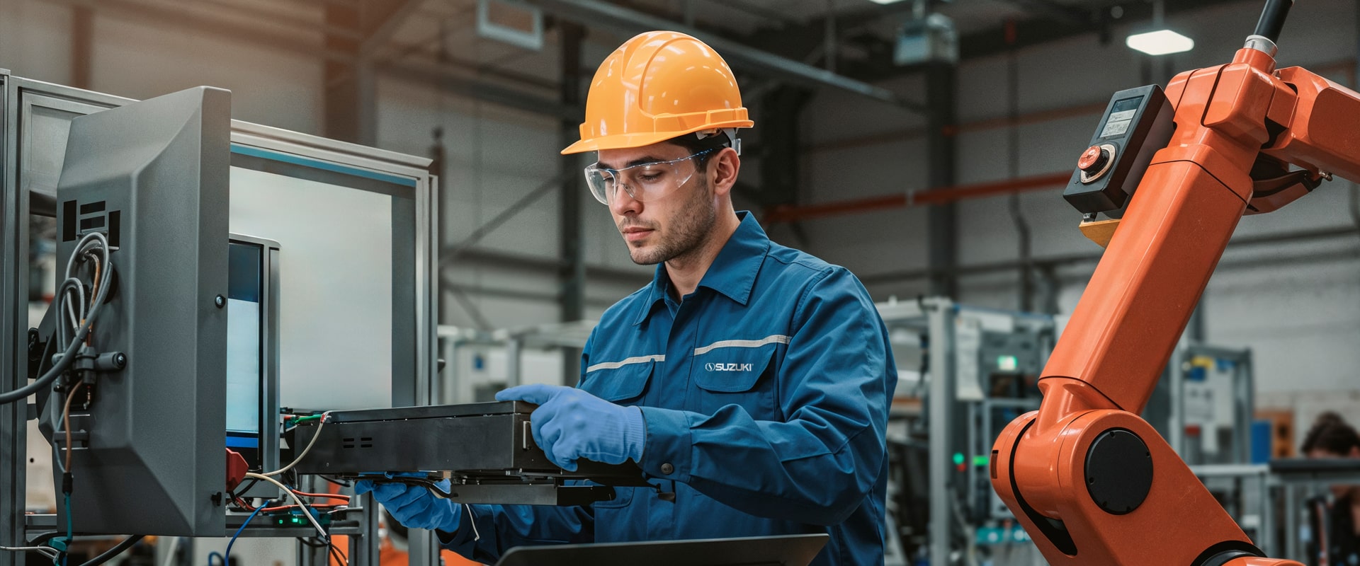 A technician in a blue Suzuki uniform and orange hard hat installs a black component near an orange robotic arm.