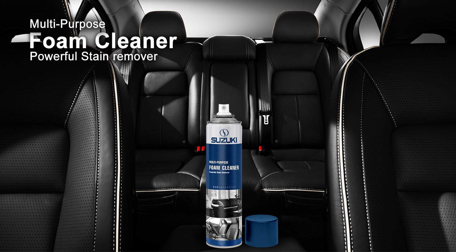 Suzuki Multi-Purpose Foam Cleaner spray can placed on black leather car seats.