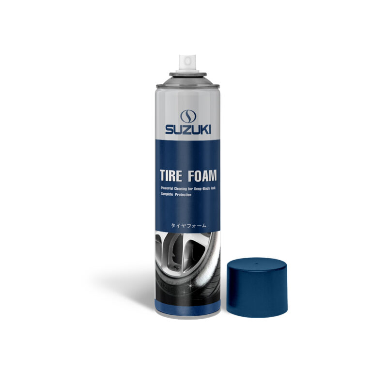 Suzuki Tire Foam spray can with blue cap removed against a white background