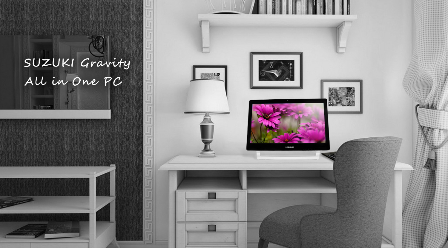 Suzuki Gravity All in One PC on a white desk showing vibrant pink flowers against a monochrome home office background.