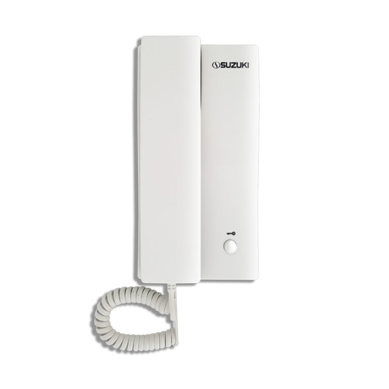 White Suzuki intercom handset with coiled cord and base unit featuring a call button.