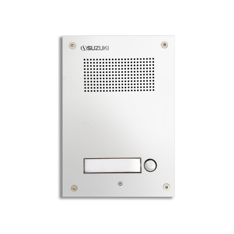 White Suzuki intercom panel featuring a speaker grille, nameplate slot, and call button.
