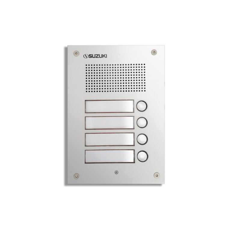 Silver Suzuki audio intercom panel with a speaker grille, four blank nameplates, and four circular call buttons.