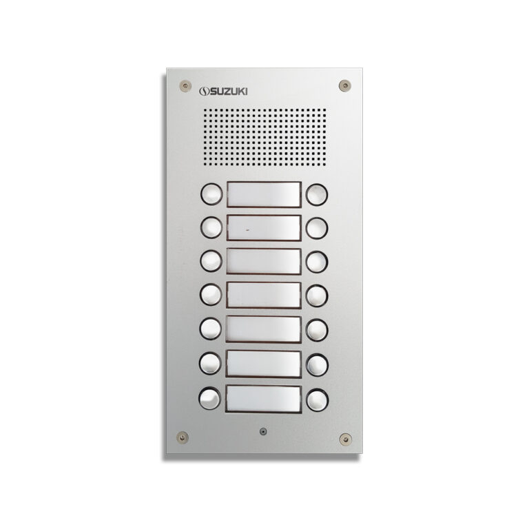 Vertical silver Suzuki intercom panel with a speaker grille and seven rows of call buttons and blank nameplates.