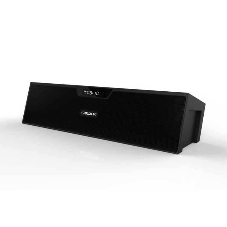 Front view of a black Suzuki soundbar featuring a central digital LED display.