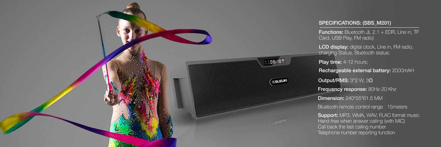 Rhythmic gymnast with colorful ribbon beside the Suzuki SBS_M201 soundbar and its feature list including Bluetooth and batter