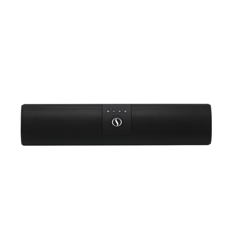 Front view of a black cylindrical speaker featuring a mesh grille and central control panel with buttons.