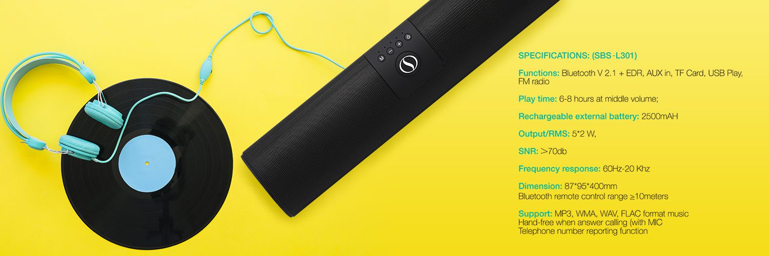 Black soundbar and teal headphones on yellow background next to product specifications list