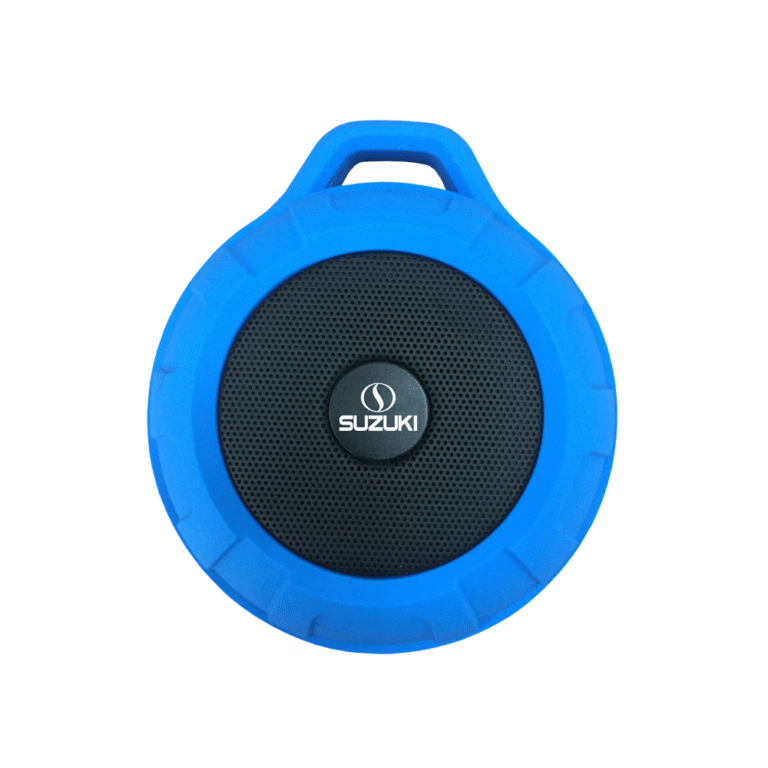 Blue circular portable speaker featuring a black speaker grille and central Suzuki logo.