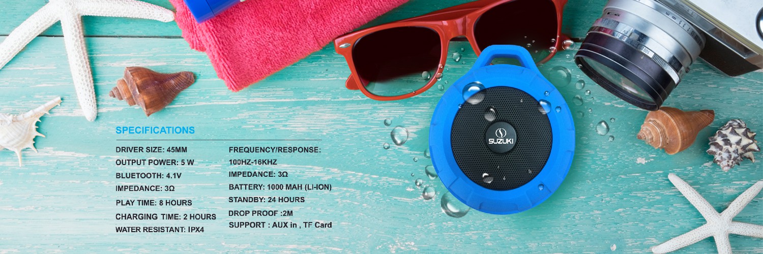 Blue Suzuki speaker on a teal surface with sunglasses and shells, accompanied by a detailed list of technical specifications.