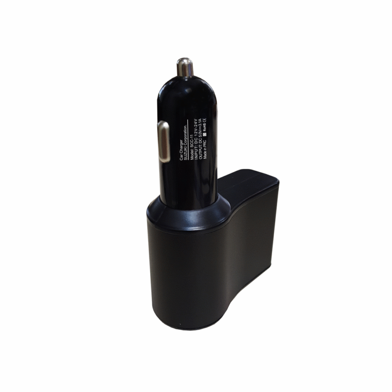 Black Suzuki Corporation car charger model SCC-11 showing input and output voltage specifications on the side