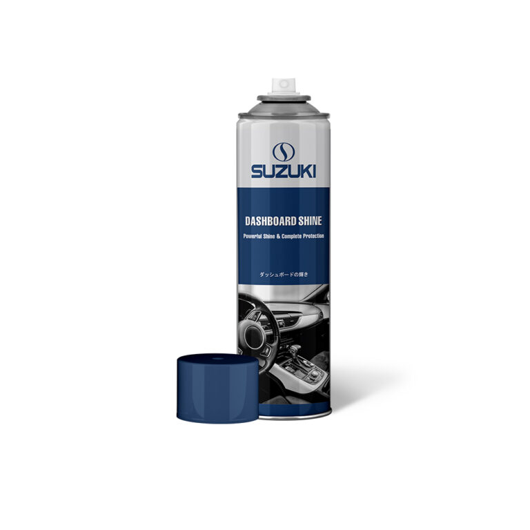 Suzuki Dashboard Shine spray can standing next to its blue cap on a white surface