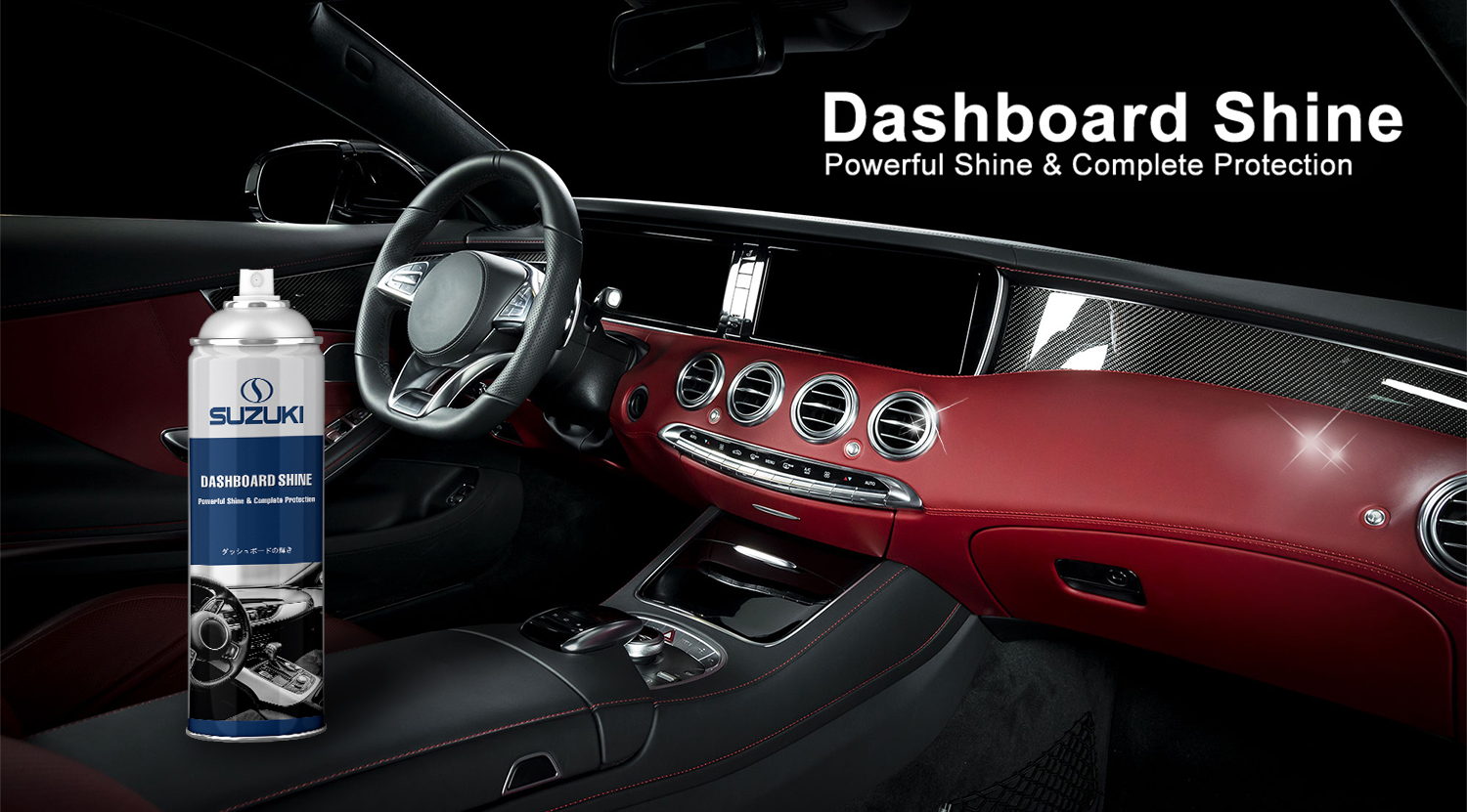 Suzuki Dashboard Shine spray can positioned against a gleaming red and black luxury car dashboard interior.