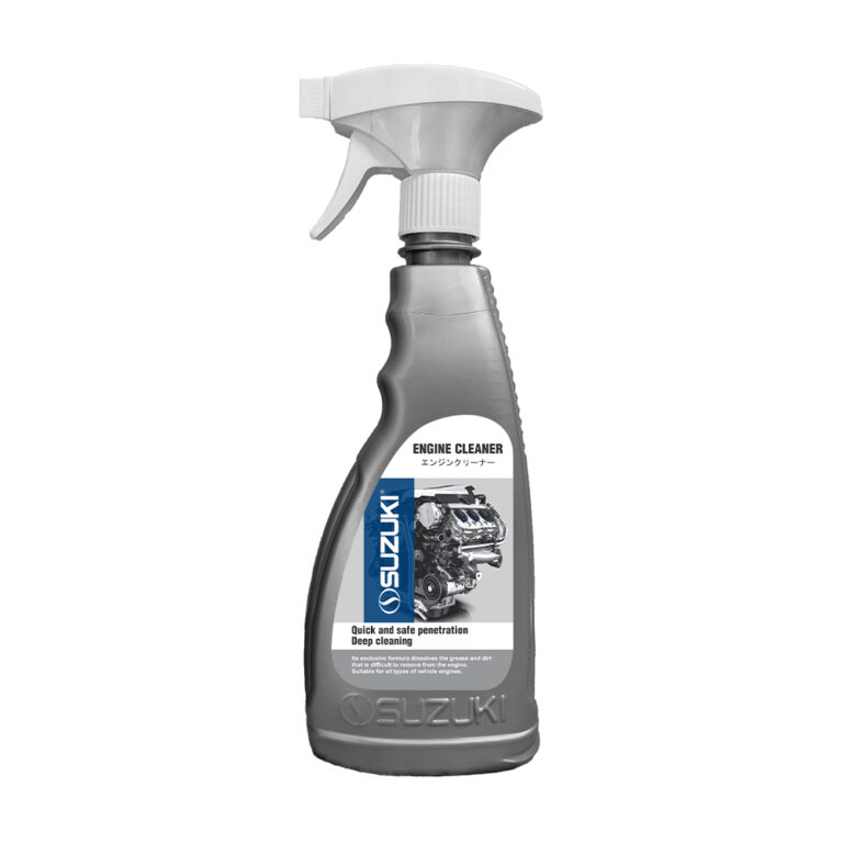 Grey spray bottle of Suzuki Engine Cleaner with a white nozzle and engine diagram on the label