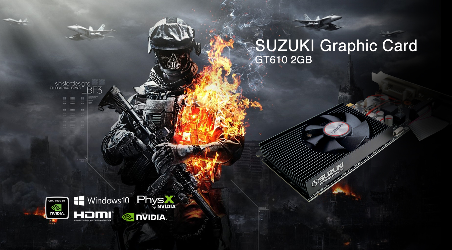 Suzuki GT610 2GB graphics card displayed next to a flaming soldier character from Battlefield 3 with NVIDIA logos.