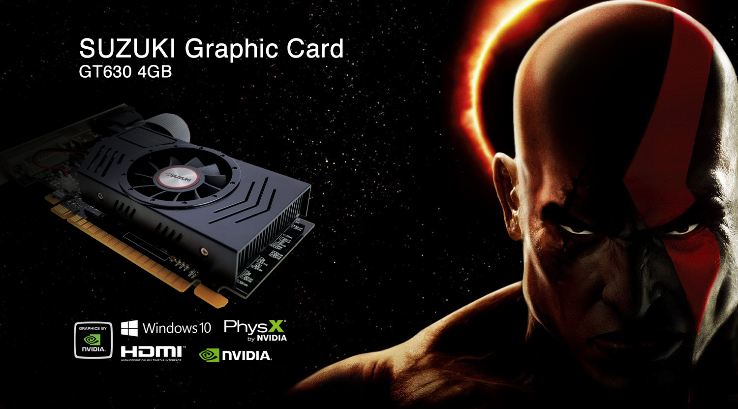 Suzuki GT630 4GB graphics card displayed next to Kratos from God of War with NVIDIA and HDMI logos.