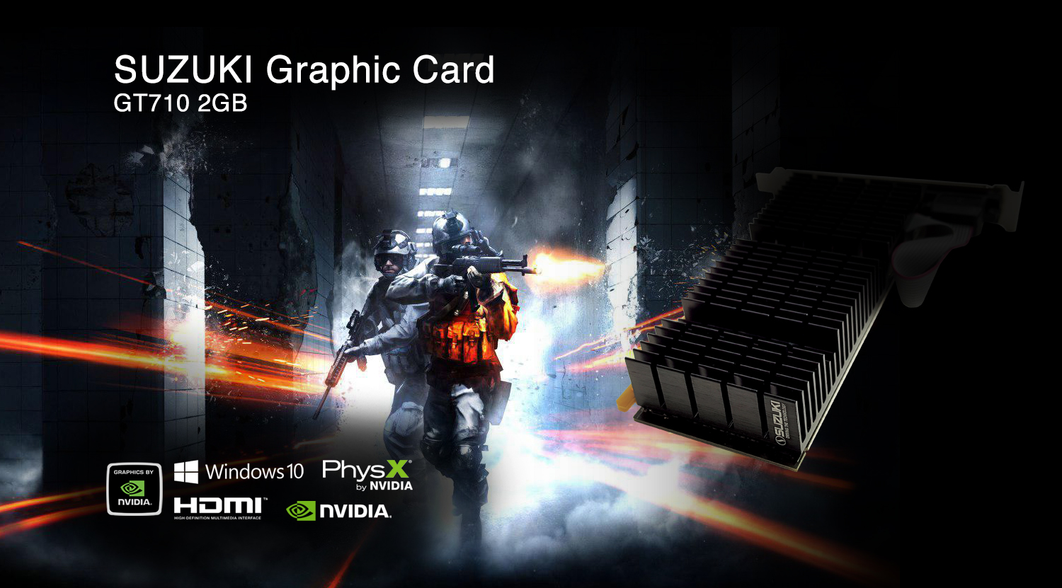 Suzuki GT710 2GB graphics card shown next to soldiers in a tactical shooter game scene with NVIDIA and Windows 10 logos.