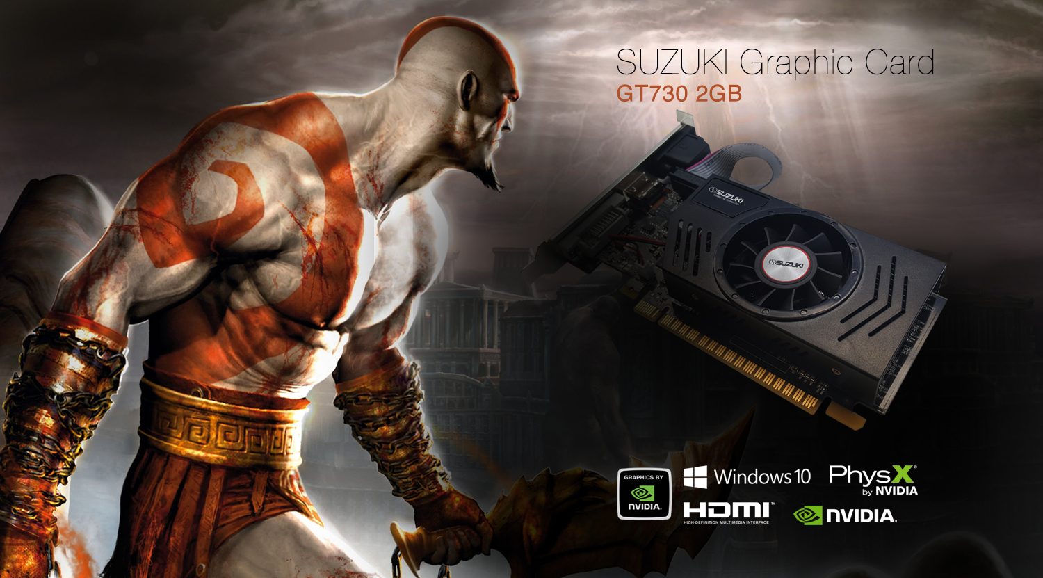 Suzuki GT730 2GB graphics card displayed next to the character Kratos from God of War with NVIDIA logos below.