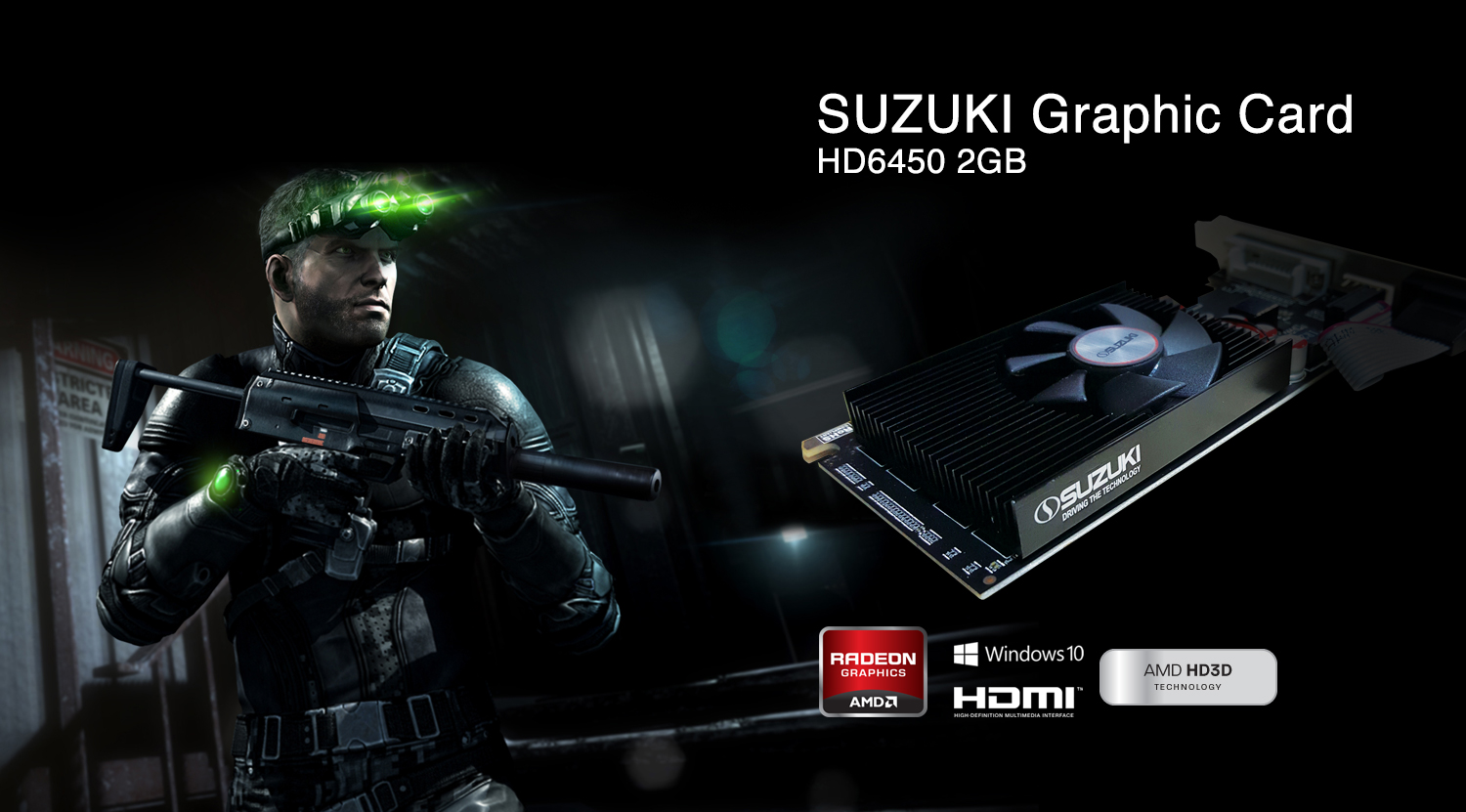Suzuki HD6450 2GB graphics card displayed next to a tactical shooter video game character holding a rifle.