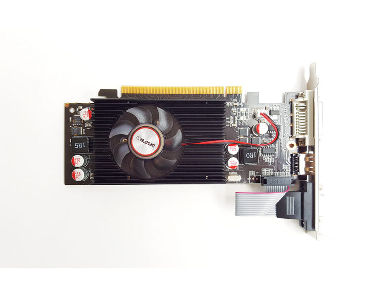 Black Suzuki graphics card with a cooling fan, capacitors, and video output ports on a white background