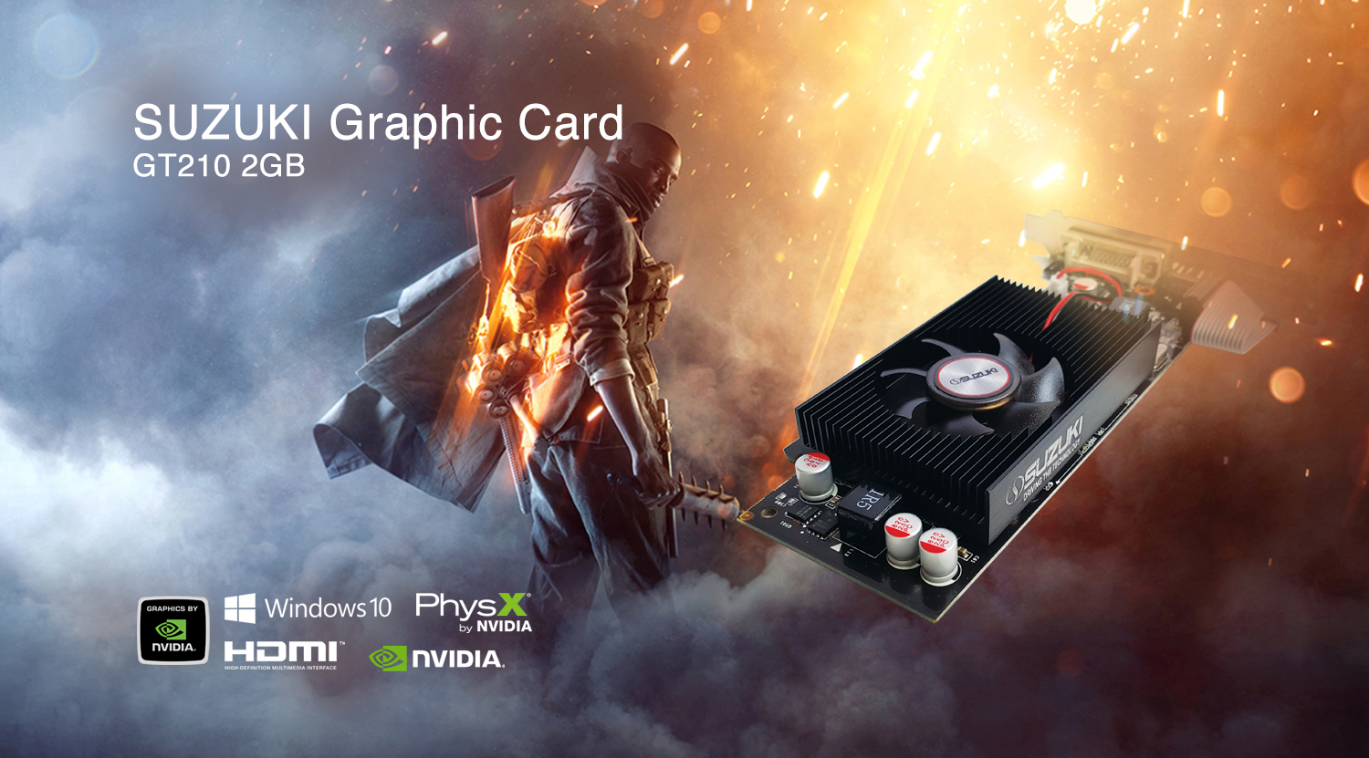 Suzuki Graphic Card GT210 2GB displayed next to a soldier character with NVIDIA and Windows 10 logos.