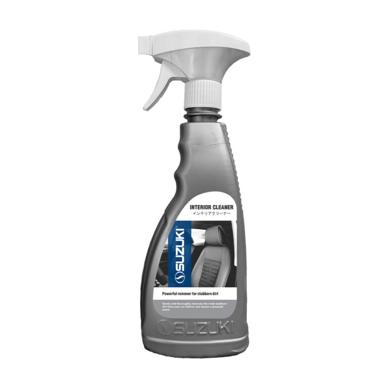 Grey spray bottle of Suzuki Interior Cleaner designed for removing stubborn dirt from car interiors