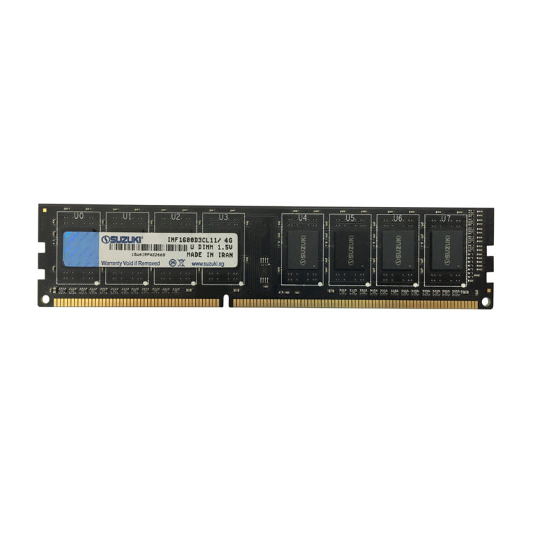 Suzuki 4GB DDR3 U-DIMM RAM stick featuring eight memory chips and a label reading INF1600D3CL11.