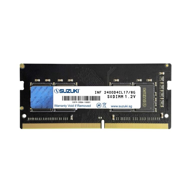 Black Suzuki 8GB SODIMM RAM stick with white label showing model INF 2400D4CL17/8G and gold connector pins