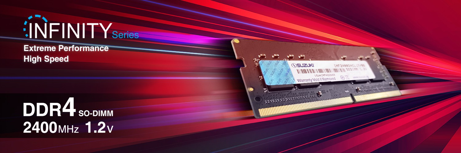 Suzuki Infinity Series DDR4 SO-DIMM 2400MHz memory module with extreme performance specs on a dynamic red background