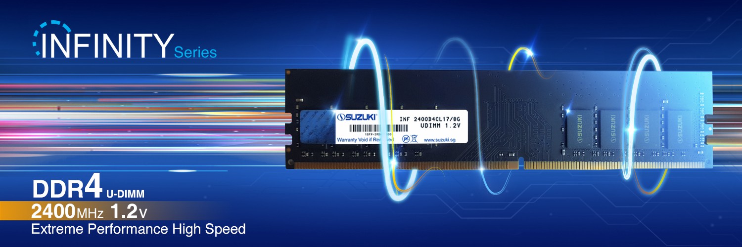 Suzuki Infinity Series DDR4 U-DIMM memory module featuring 2400MHz speed and 1.2V voltage against a blue digital background