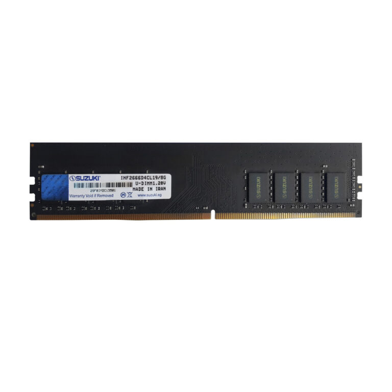 Black Suzuki 8GB memory module with four visible chips and a label displaying model INF2666D4CL19/8G and Made in Iran.