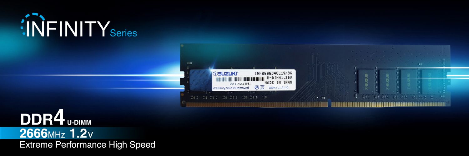Suzuki Infinity Series DDR4 U-DIMM memory stick displaying 2666MHz speed and 1.2V voltage specifications against a blue tech