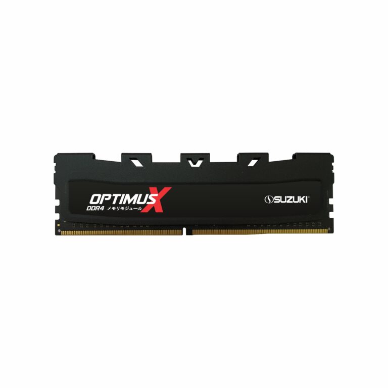 Black Suzuki Optimus X DDR4 memory module with angular heatsink design and gold connector pins