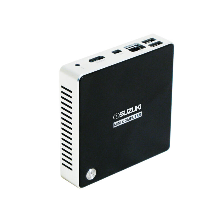Compact black Suzuki mini computer with silver accents and connectivity ports on top
