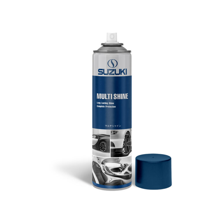 Blue and silver Suzuki Multi Shine aerosol can standing next to its blue cap, featuring images of shiny car parts.