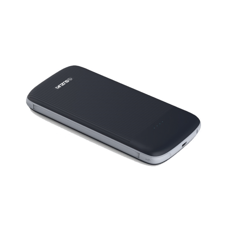 Dark blue Skydi portable power bank with a ribbed texture and LED battery indicators on a white background.