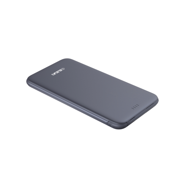 Sleek grey DAXZIS portable power bank featuring LED indicator lights on a white background.