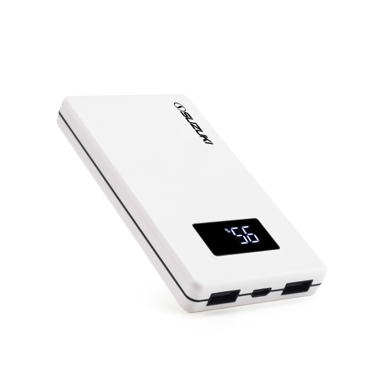 White Suzuki power bank featuring a digital LED display showing 96 percent battery and multiple USB charging ports on the sid