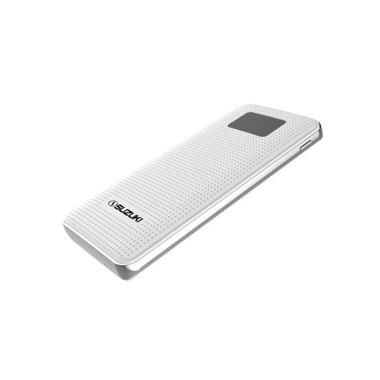 Angled view of a white rectangular Suzuki device with a perforated surface and a small dark display screen.