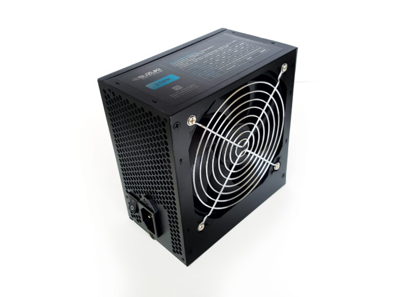 Black Suzuki 250W PC power supply unit with a large cooling fan, wire guard, and honeycomb ventilation grid.