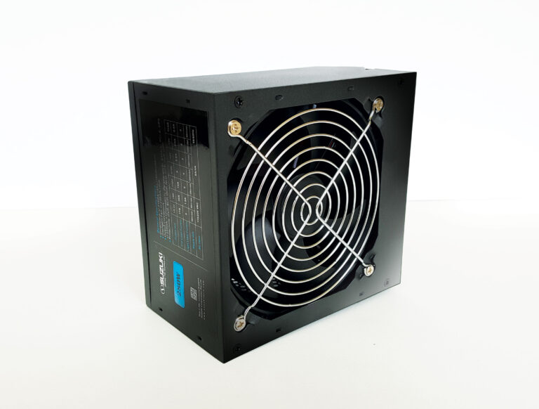 Black Suzuki 280W power supply unit displaying the rear cooling fan grill and side specification sticker.