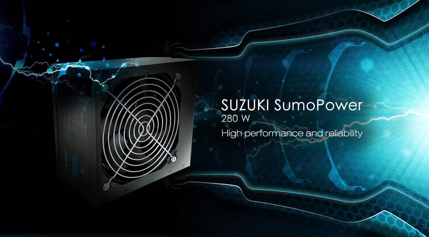 Black Suzuki SumoPower 280W computer power supply unit with a cooling fan against a blue electric background
