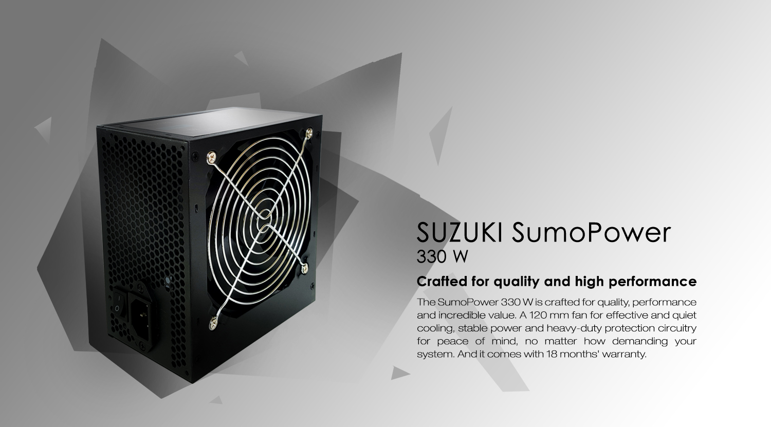 Black Suzuki SumoPower 330 W computer power supply unit featuring a large cooling fan and ventilation grid.