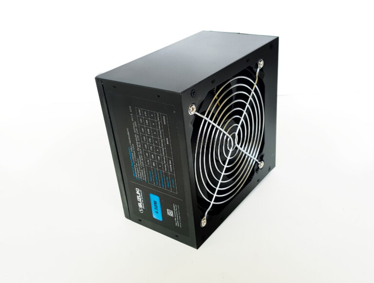 Side view of a black Suzuki 430W computer power supply showing the rear cooling fan and technical specifications label.