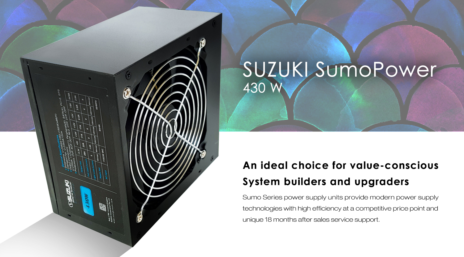 Black Suzuki SumoPower 430W power supply unit featuring a cooling fan grill and specification sticker on a colorful backgroun