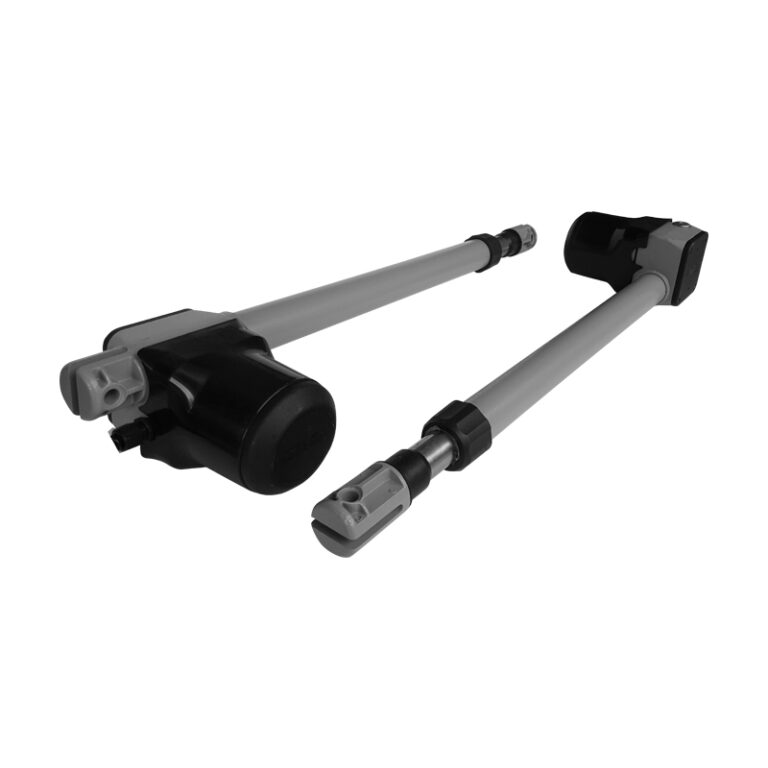 Two grey linear actuators with black motor housings and mounting brackets displayed against a white background.