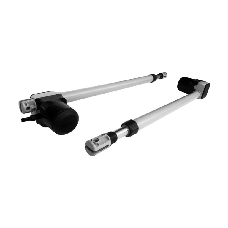 Two silver electric linear actuators with black motor housings and mounting brackets displayed against a white background.