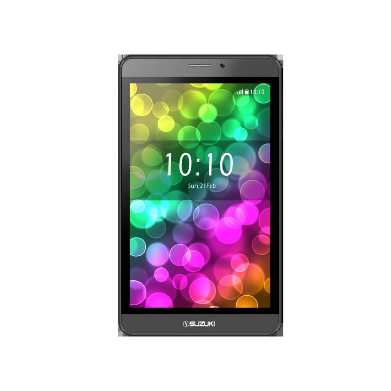Black Suzuki smartphone displaying a colorful bokeh wallpaper and the time 10:10 on the screen.